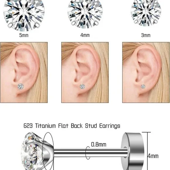 Flat Back Earrings Titanium CZ Stud 3 Pair Hypoallergenic Cartilage Jewelry - Picture 2 of 8
